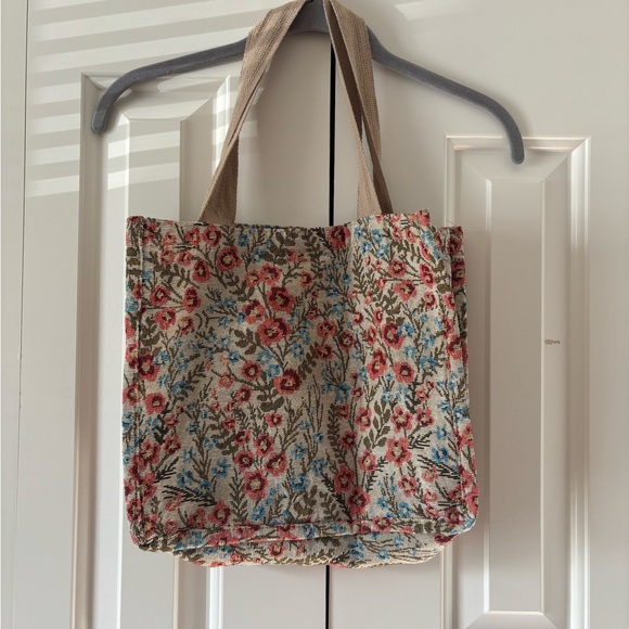 Handbags - Floral Canvas Tote Bag in Beige with Pink and Blue Accents